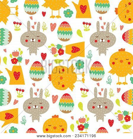 Cute Easter Seamless Pattern In Flat Style. Vector Illustration