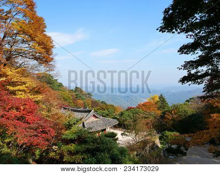 Beautiful Autumn Colors Leaves Surround Seokguram Grotto Temple On Mountain [unesco World Heritage],
