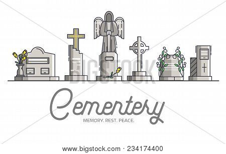 Cemetery With Different Graves. Layout Modern Vector Background Illustration Design Concept.