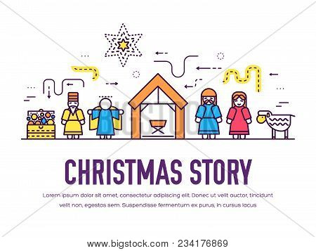 Merry Christmas Thin Line Icons Flat Set Background. Outline Birth Of Christ Illustration Background