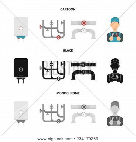 Boiler, Plumber, Ventils And Pipes.plumbing Set Collection Icons In Cartoon, Black, Monochrome Style