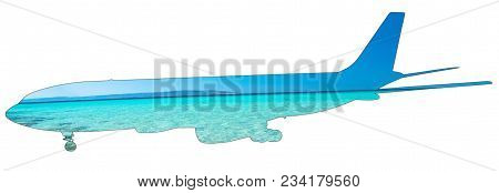 Pictures Of Crystalline Tropical Caribbean Sea On Silhouette Of Plane. Isolated On White Background.