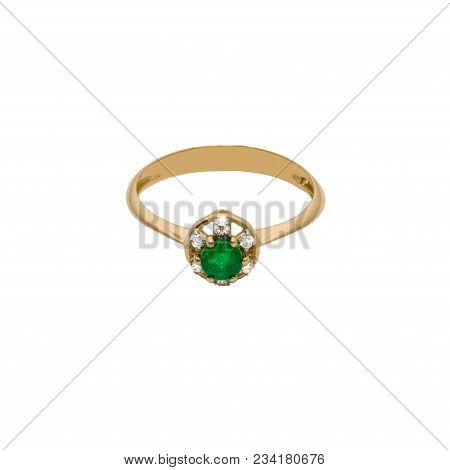 Very Beautiful Golden Ring With Green Gem - Emerald And Few Diamonds Isolated On White Background