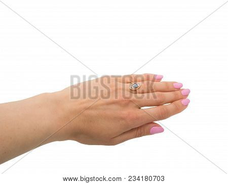 Graceful Golden Ring With Topaz And Few Diamonds  On Woman's Hand