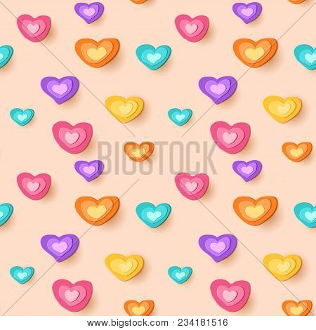 Paper Cut Hearts. Seamless Cute Pattern. Vector Applique Illustration. Flat Festive Heart Decoration