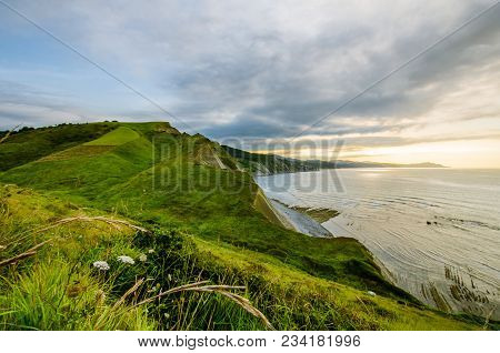 A View To Scenic Coastine Of Zumaia, Spain From A Summer Meadow With Summer Plants And Flowers.
