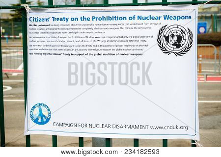 Aldermaston, United Kingdom, 1st April 2018:- Cnd Peace Banners By The Main Gate To The Awe Where Br