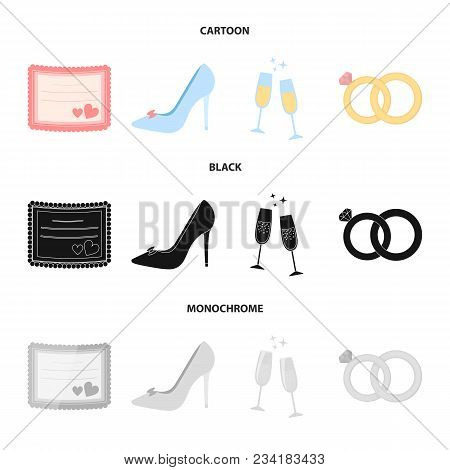 Invitation, Bride Shoes, Champagne Glasses, Wedding Rings. Wedding Set Collection Icons In Cartoon, 