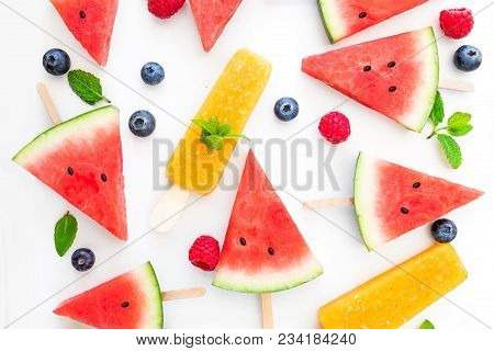Summer Patterm-  Watermelon Slice  Popsicle  And Berries  On White Background. Flat Lay, Top View.