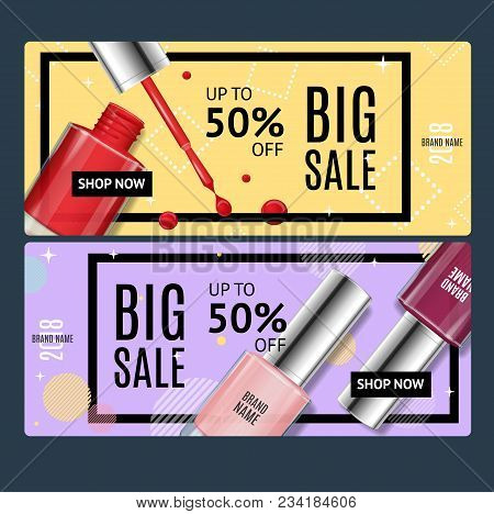 Nail Polish Banner Realistic Detailed 3d Horizontal Set Big Sale Concept. Vector Illustration Of Nai