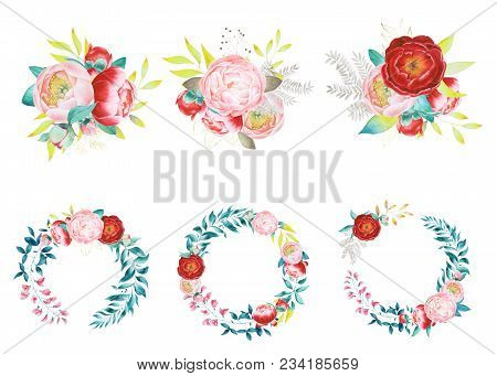 Pink Flowers And Green Leaves. Watercolor Illustration. Summer Forest Greenery Bouquets.