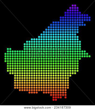 Spectrum Dotted Pixelated Borneo Island Map. Vector Geographic Map In Bright Colors On A Black Backg