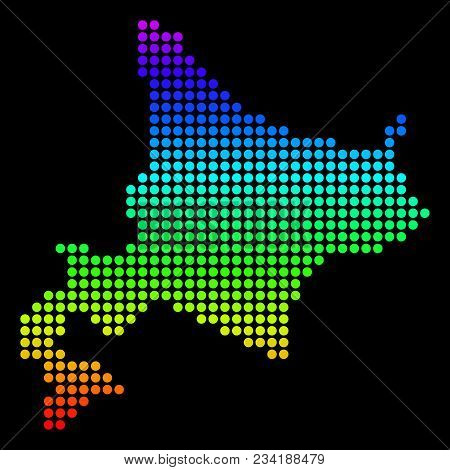 Spectrum Dotted Pixel Hokkaido Island Map. Vector Geographic Map In Bright Colors On A Black Backgro