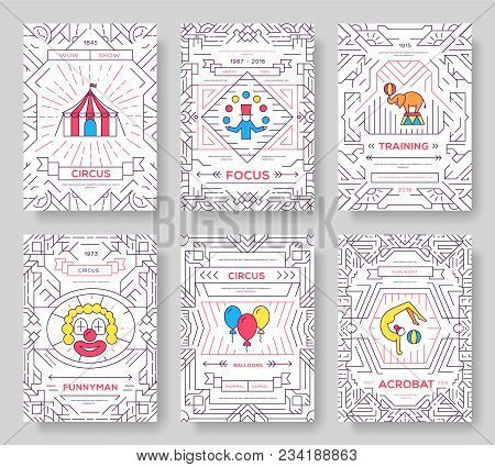 Circus Thin Line Brochure Cards Set. Festival Traditional Template Of Flyear, Magazines, Posters, Bo