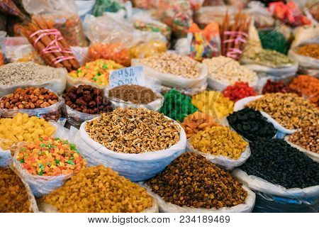 Tbilisi, Georgia. View Of Persian English Common Walnut Juglans Regia , Succade And Dried Fruits In 