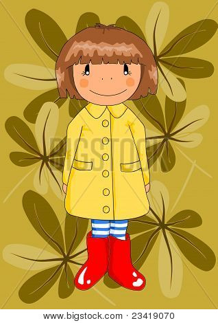 빨간 Wellingtons에 행복 한 여자입니다.