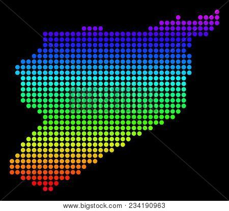 Spectrum Dotted Pixel Siria Map. Vector Geographic Map In Bright Colors On A Black Background. Color