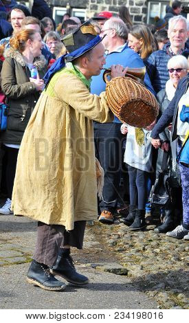 Heptonstall, Uk - March 20 2018: The Character Tosspot In The Traditional Good Friday Pace Egg Play 