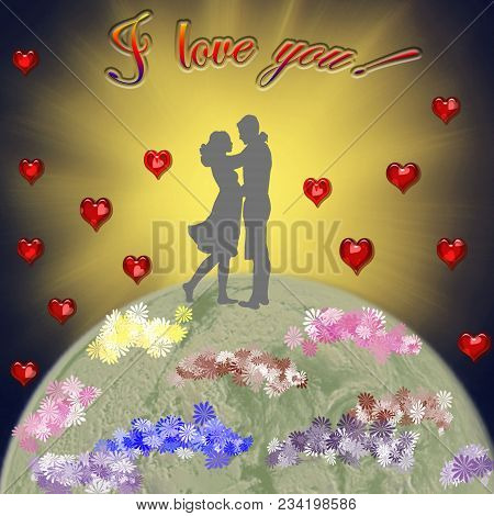 A Valentine's Card With Lovers In The Background Of The Sun.
