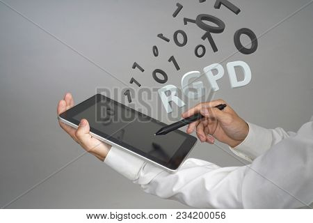 RGPD, Spanish, French and Italian version version of GDPR: Reglamento General de Proteccion de datos. General Data Protection Regulation. Young man working with information.