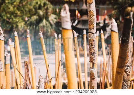 May 20, 2018. Hong Kong. Closeup View Of Burning Incense Sticks During Prayer At The Buddhist Temple