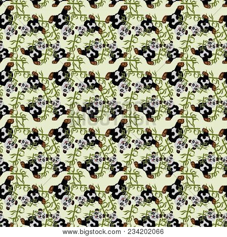 Seamless Pattern With Pandas And Bamboo On A Green Background.pattern With Pandas.