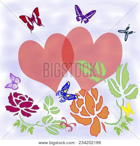 Valentine's Day Card With Butterflies And Flowers.