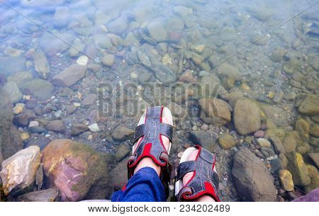 Feet With Red And Grey Fashionable Sandles Placed On The Edge Of Water With Rocks And Fishes