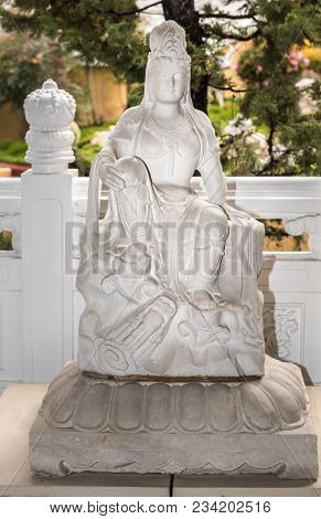 Hacienda Heights, Ca, Usa - March 23, 2018:  White Statue Of Guanyin, Bothisattva Avalokitesvara, On