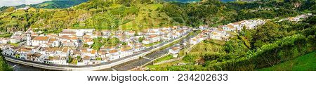 Aerial View On City Mosterios On Island Sao Miguel, The Azores. Beautiful Small Town In Portugal. Az