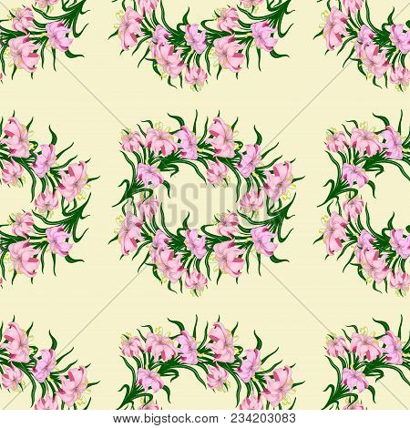 Seamless Pattern Of Lilies On A Yellow Background.background With Lilies.