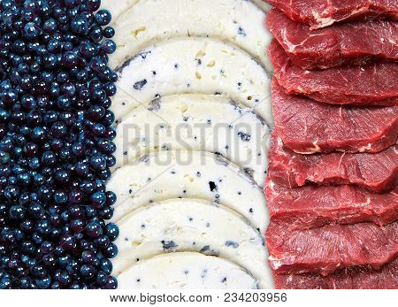 French Flag, Collage From Blackcurrants, Blue Cheese And Fresh Meat.
