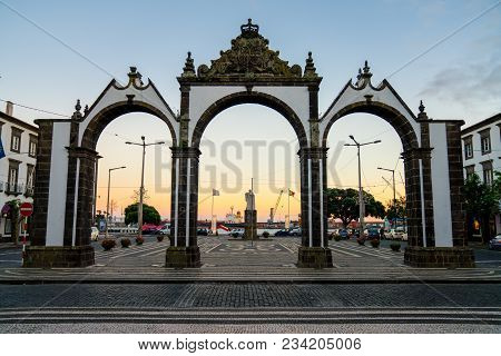 Ponta Delgada, Portugal. November 10, 2017. City View On The Old Town With Harbor At Ponta Delgada, 