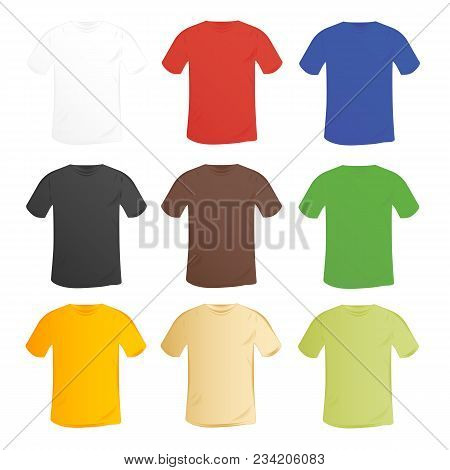 Big Set Of Vector Colorful Blank T-shirt Mockup With A Round Collar In A Different Style. Isolated O