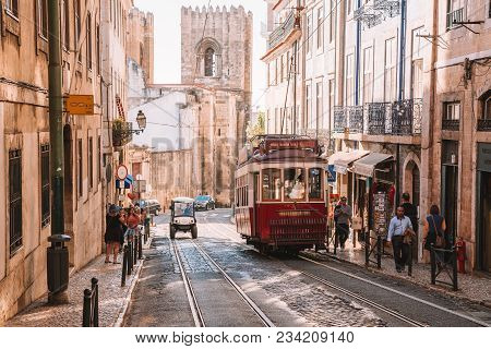 Lisbon, Portugal. August 30, 2017. Old Town In Lisbon. Beautiful Old Narrow Street In Lisbon.