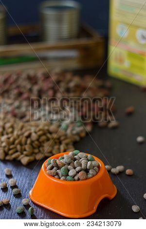 Plastic Bowl With Dry Pet Food On Black Wooden Board