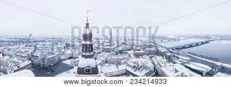 Amazing Aerial View Of The Riga Old Town (vecriga) In January During Barracades Memorial Winter Day.