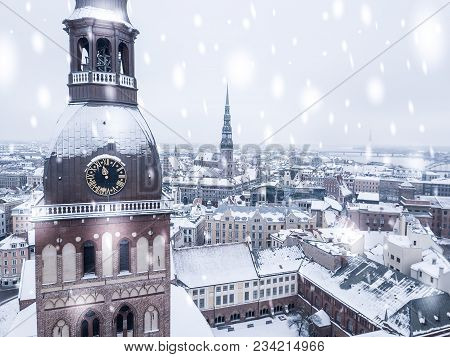 Amazing Aerial View Of The Riga Old Town (vecriga) In January During Barracades Memorial Winter Day.