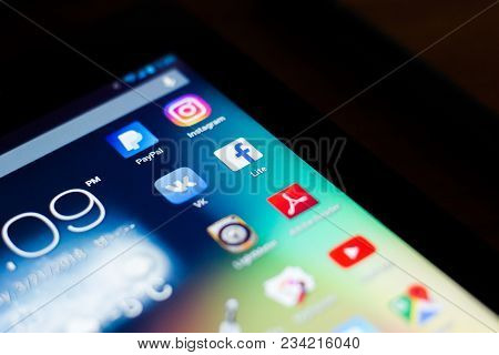 Ryazan, Russia - March 21, 2018 - Mobile Apps Icons With Logos Of Facebook, Instagram, Paypal, Vk An