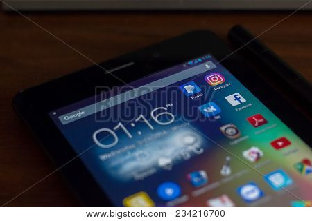 Ryazan, Russia - March 21, 2018 - Mobile Apps Icons With Logos Of Facebook, Instagram, Paypal, Vk An