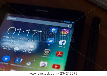 Ryazan, Russia - March 21, 2018 - Mobile Apps Icons With Logos Of Facebook, Instagram, Paypal, Vk An