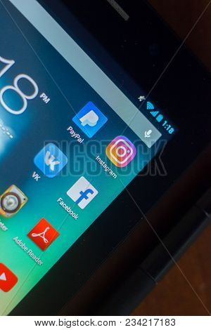 Ryazan, Russia - March 21, 2018 - Mobile Apps Icons With Logos Of Facebook, Instagram, Paypal, Vk An