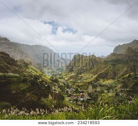 Cape Verde. Gorgeous Panoramic View Of Famous Fertile Paul Valley. Agriculture Terraces Of Sugarcane