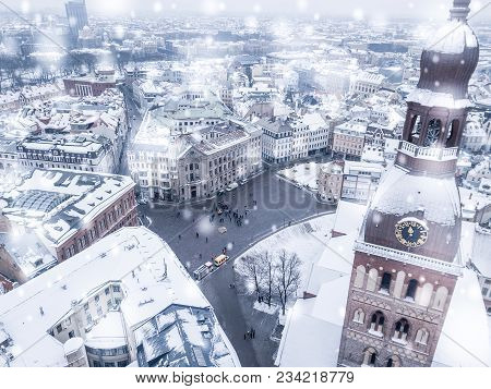 Amazing Aerial View Of The Riga Old Town (vecriga) In January During Barracades Memorial Winter Day.