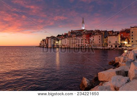 Spectacular Romantic Old Town Of Rovinj With Magical Sunset With Colorful Magenta Clouds,istrian Pen