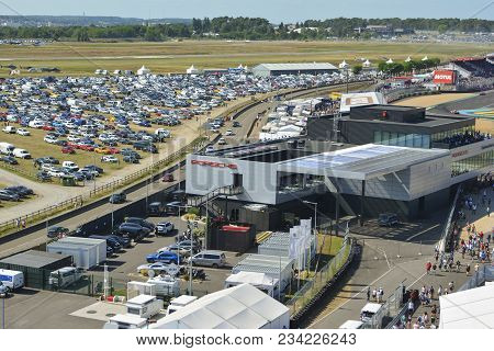 Le Mans - France, June 17, 2017: View From Above To The Pavilion Of The Porsche German Car And A Big