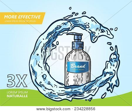 Dish Soap Ads, Dishwashing Liquid With Clean Dishes And Splashing Water. Vector Illustration For Web