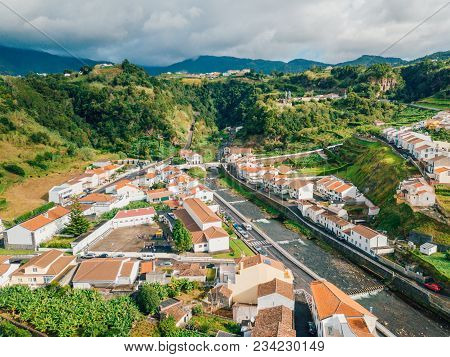 Aerial View On City Mosterios On Island Sao Miguel, The Azores. Beautiful Small Town In Portugal. Az