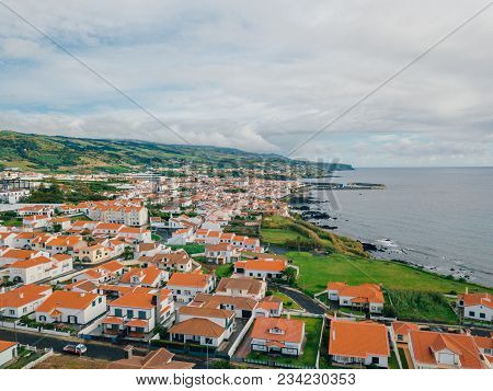Aerial View On City Mosterios On Island Sao Miguel, The Azores. Beautiful Small Town In Portugal. Az
