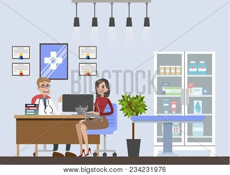 Vetclinic Illustrations With Cat Patient And Owner.